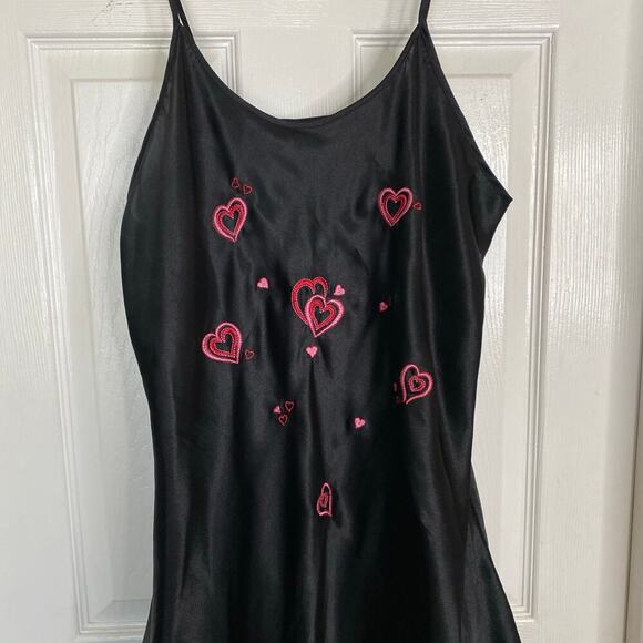 Vintage Nightgown Slip Dress Black Satin Hearts Y2K Cute Romantic Size XL Mini - Picture 3 of 4